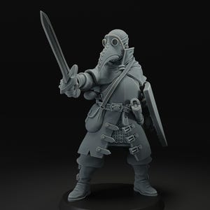 May include: A gray miniature figure of a plague doctor, holding a sword and shield. The figure is wearing a long coat, a bird-like mask, and a hat. The figure is standing on a black base.