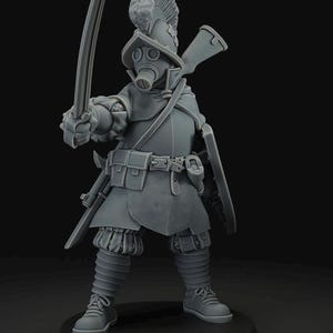 May include: A gray miniature figure of a soldier in a gas mask and helmet, holding a sword. The figure is wearing a long coat, boots, and a belt with pouches. A rifle is slung over the shoulder. The figure is standing on a black base.