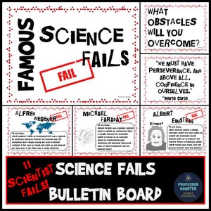 Könnte beinhalten: Schwarzes Bulletin Board mit dem Titel "Famous Science Fails" in roter Schrift. Es zeigt Informationen über wissenschaftliche Misserfolge, Zitate und Bilder von Wissenschaftlern wie Einstein. Das Board ist für Bildungszwecke konzipiert.