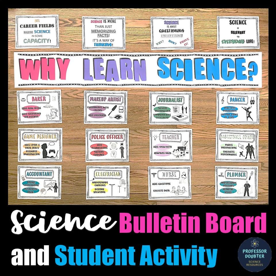 Science Bulletin Board and Back to School Why Learn Science Class Door Decor