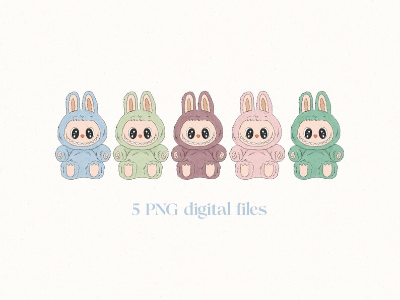 Op de afbeelding: Vijf cartoon konijnfiguren in pastelkleuren: blauw, groen, paars, roze en teal. Elk konijn draagt een hooded jumpsuit en heeft grote, ronde ogen. De tekst "5 PNG digital files" staat onder de konijnen.