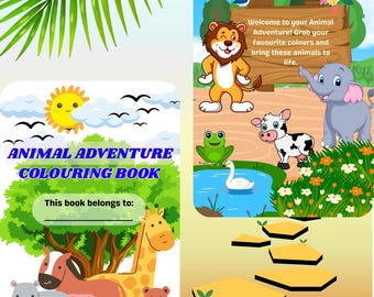 May include: A colorful children's coloring book titled "Animal Adventure Colouring Book." The cover features cartoon animals like a lion, elephant, cow, and giraffe. The book includes the text "This book belongs to:" and a space for a name.