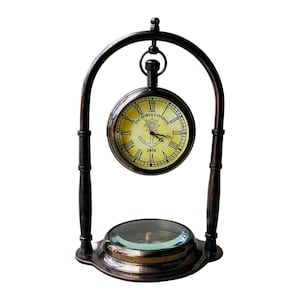 Horloge de table suspendue victorienne : style montre de poche en laiton antique avec boussole