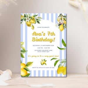 Lemon Birthday Invitation: Blue Stripes, Citrus Theme (Canva Template, Digital Download)