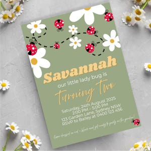 Little Ladybug Birthday Printable Editable Invitation, Red Ladybug Girl, Daisy Flower Ladybug Invitation,  Daisy Flower Birthdayful Invite
