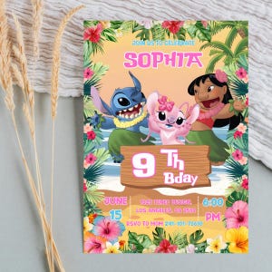 Faire-part personnalisé imprimable au point de croix, modèle d'invitation de fête de point, impression sur toile de fille d'anniversaire de point, invitation d'anniversaire de Lilo et de point