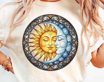 Sun and Moon Stained Glass PNG, Celestial Clipart 300 DPI, Mystic Sun Moon Art, Boho Cosmic Design for Print on Demand & Sublimation