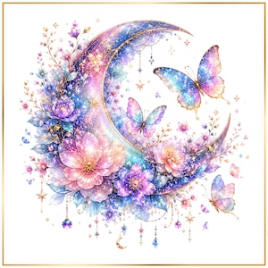 Himmlische Mond Schmetterling PNG Bundle, Aquarell Blumen Crescent Moon Clipart, Verträumte Galaxie Fantasy Kunstwerk, Witchy Decor