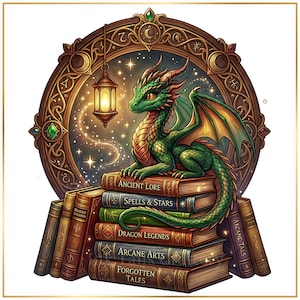 Peut inclure: Illustration numérique d'un dragon vert perché sur une pile de livres. Les livres portent des titres tels que "Ancient Lore" et "Dragon Legends". Un cadre décoratif entoure le dragon et les livres, avec une lanterne suspendue et un fond étoilé.