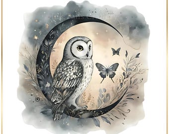 Himmlische Eule PNG Clipart, Mystische Mond Eule Digitaler Download, Aquarell Nachthimmel Tier Kunst PNG, Schleiereule Grafik Kunst