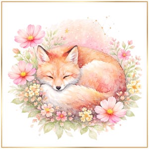 Watercolor Fox PNG Clipart Bundle, Sleeping Fox Floral Art, Woodland Animal Sublimation Design, Cute Fox Printable Download image 1