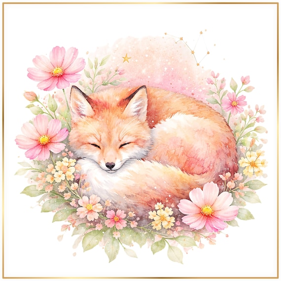 Watercolor Fox PNG Clipart Bundle, Sleeping Fox Floral Art, Woodland Animal Sublimation Design, Cute Fox Printable Download