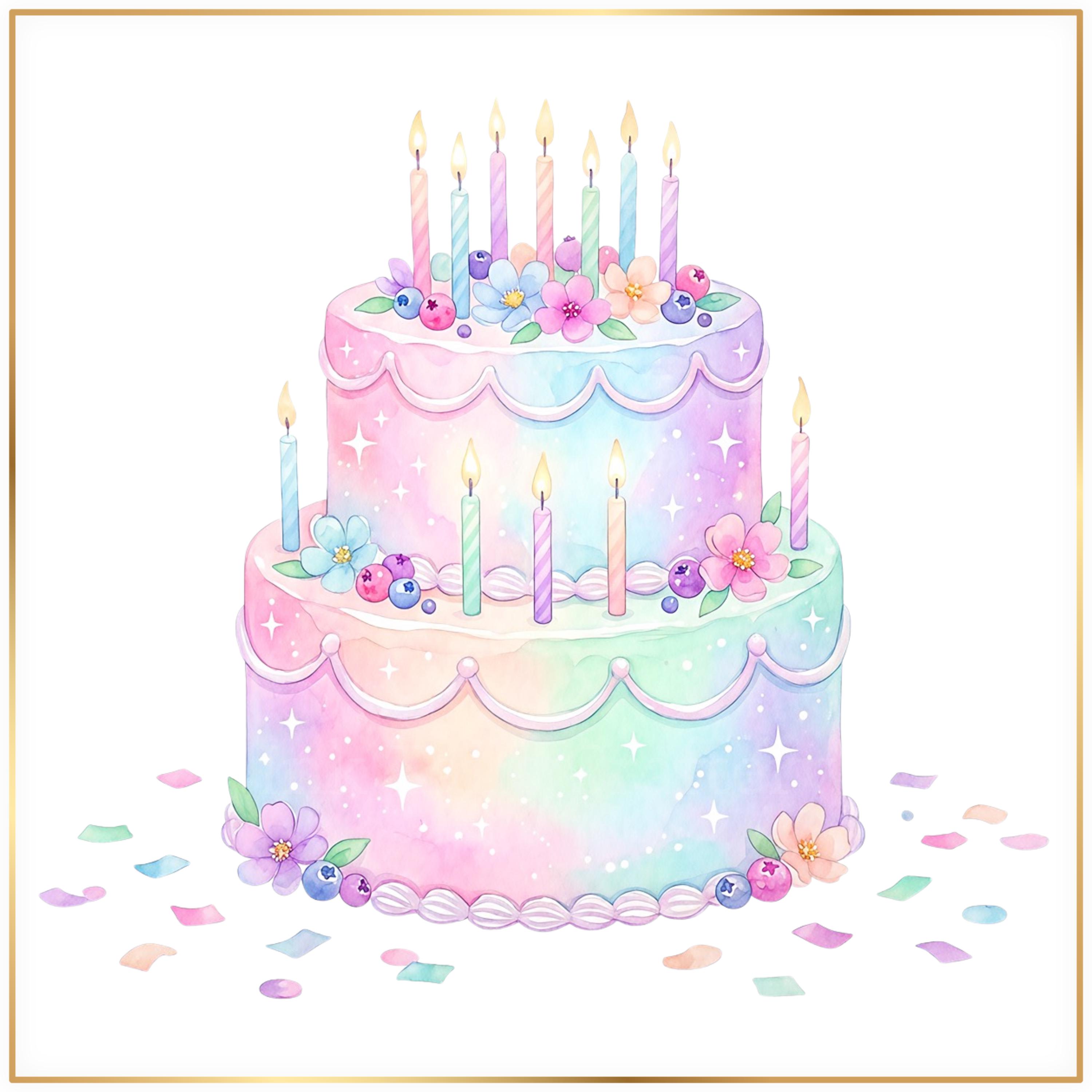 Watercolor Birthday Party Clipart PNG Bundle, Pastel Cake PNG, Balloon ...