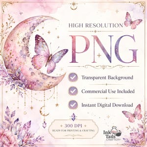 The image is a watercolor painting of a crescent moon with butterflies and flowers, and it is described as a high-resolution png.