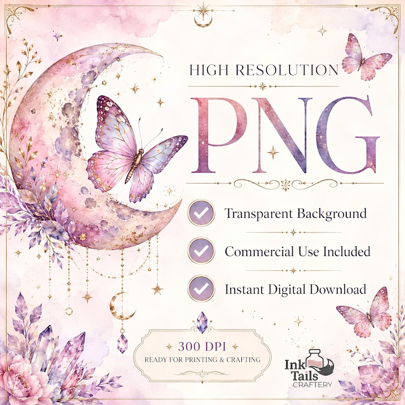 The image is a watercolor painting of a crescent moon with butterflies and flowers, and it is described as a high-resolution png.