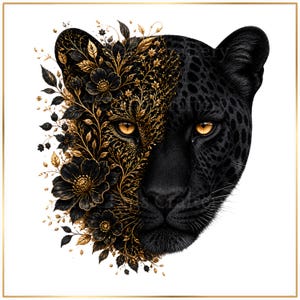 Puede incluir: Una ilustración digital de una cabeza de pantera negra, con el lado izquierdo adornado con intrincados patrones florales y hojas en oro y negro. La pantera tiene ojos color ámbar penetrantes y una textura de pelaje detallada.