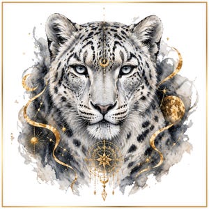 Può includere: Un'illustrazione dettagliata di una testa di leopardo delle nevi con macchie nere su pelliccia bianca, occhi azzurri penetranti e un design celeste dorato. L'opera include stelle dorate, una luna crescente e un elemento mandala geometrico.