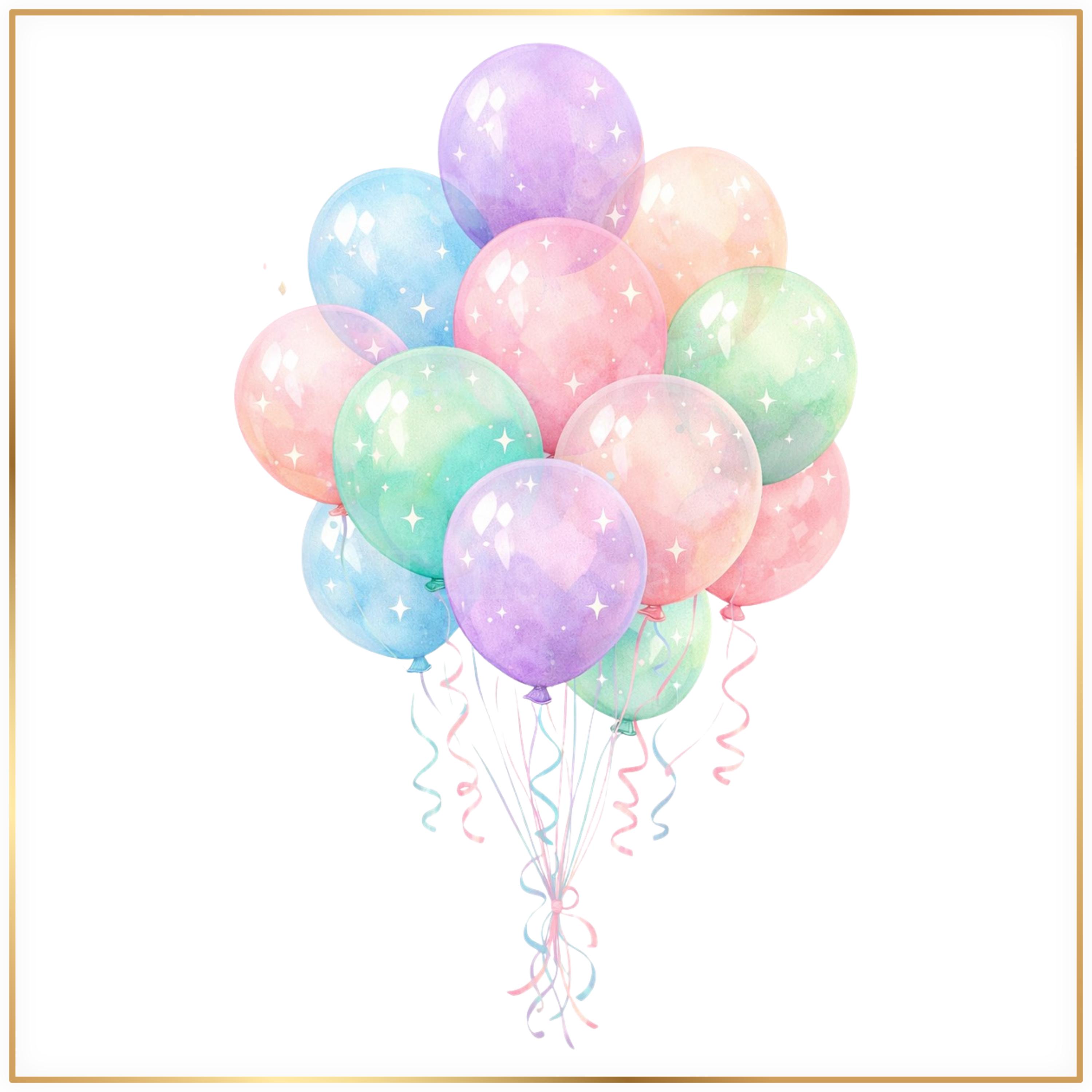 Watercolor Birthday Party Clipart PNG Bundle, Pastel Cake PNG, Balloon ...