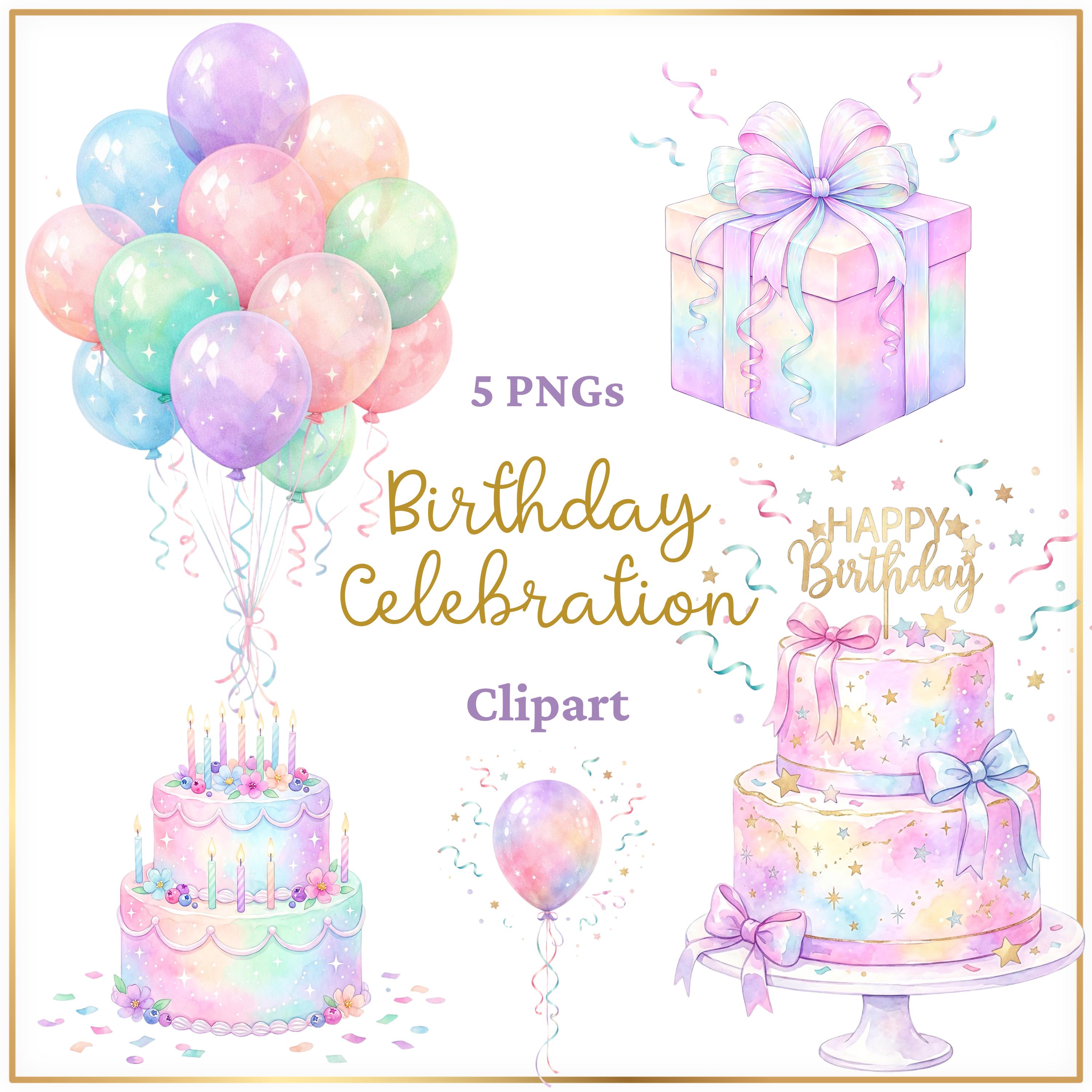 Watercolor Birthday Party Clipart PNG Bundle, Pastel Cake PNG, Balloon ...