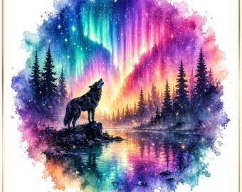 Aurora Wolf PNG Bundle, Northern Lights Wolf Clipart, Galaxy Night Sky Art, Fantasy Wolf Sublimation Design