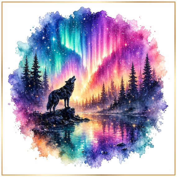Aurora Wolf PNG Bundle, Northern Lights Wolf Clipart, Galaxy Night Sky Art, Fantasy Wolf Sublimation Design