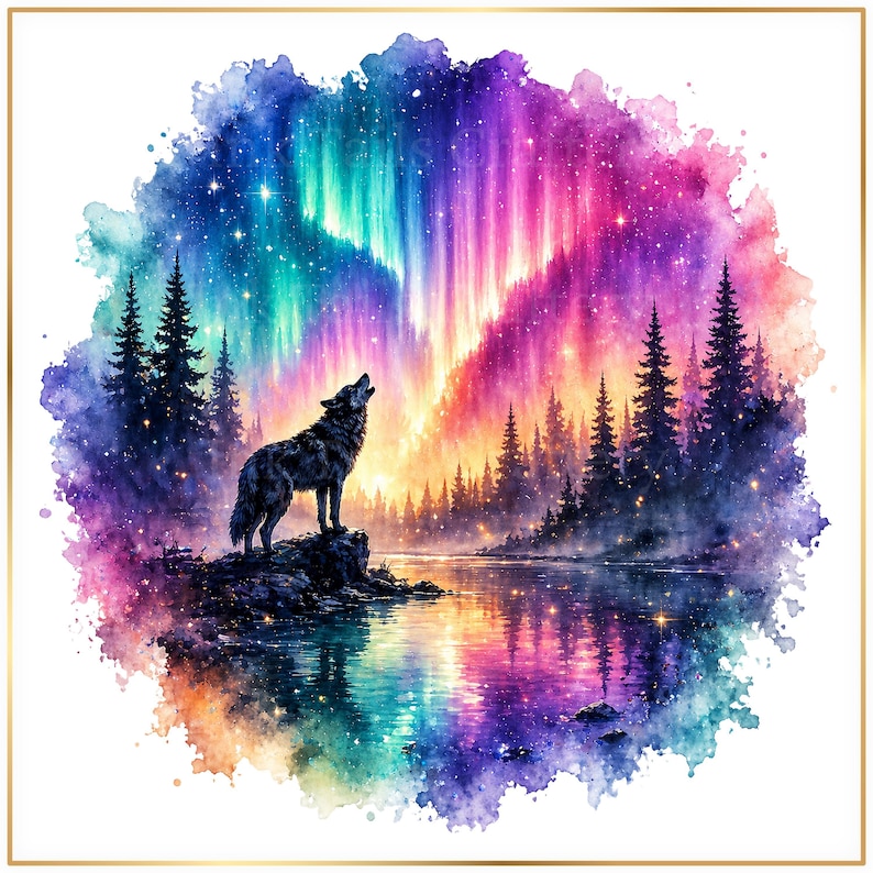 A wolf howling at the colorful northern lights over a forest and lake, with a vibrant display of colors in the sky.