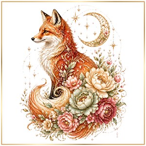 May include: A digital illustration of a red fox with white fur accents, surrounded by large, detailed pink and cream-colored peony flowers. Above the fox is a golden crescent moon and several four-pointed stars, all set against a white background.