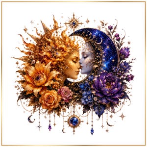 Pacchetto PNG floreale celeste, clipart di luna, sole e stelle, grafica floreale boho galattica, illustrazioni celesti mistiche, pacchetto PNG da strega