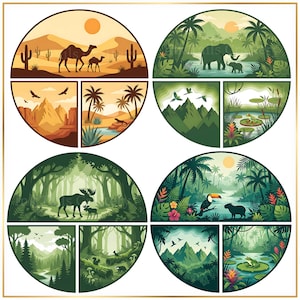 May include: Four circular illustrations showcasing diverse natural environments. The top left features a desert with camels, the top right a jungle with elephants, the bottom left a forest with moose, and the bottom right a tropical scene with a toucan.