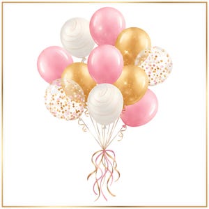 Peut inclure: Un bouquet de ballons roses, dorés et blancs, attachés avec des rubans. Certains ballons sont de couleur unie, tandis que d'autres ont un motif de confettis ou marbré. Les ballons sont disposés sur un fond blanc avec une bordure dorée.