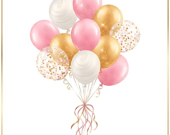 Balloon Clipart Bundle, Pink & Gold Balloon Bouquet, Celebration Balloons, Birthday Party Decorations Clipart Sublimation, Confetti PNG
