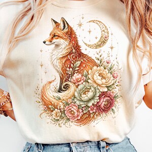 Mystical Fox PNG Bundle, Moonlit Floral Fox Clipart, Celestial Woodland Animal Art, Boho Nature Sublimation Design image 8