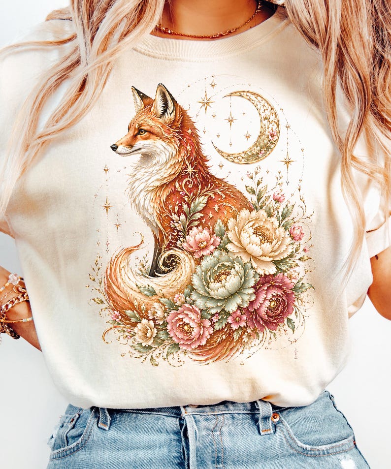 Mystical Fox PNG Bundle, Moonlit Floral Fox Clipart, Celestial Woodland Animal Art, Boho Nature Sublimation Design image 8