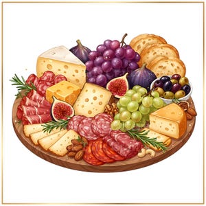 May include: A round wooden charcuterie board featuring an assortment of cheeses, sliced salami, prosciutto, red and green grapes, fresh figs, olives in a small white bowl, toasted bread slices, almonds, cashews, and sprigs of fresh rosemary.