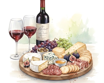 May include: A watercolor illustration of a charcuterie board featuring various cheeses, sliced salami, prosciutto, crackers, figs, green and red grapes, and a small bowl of olives. A bottle of red wine and two glasses filled with red wine stand nearby.