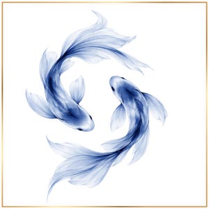May include: Watercolor painting of two blue koi fish swimming in a circular pattern. The fish have flowing, detailed fins and are set against a white background with a gold border. The artwork evokes a sense of tranquility.