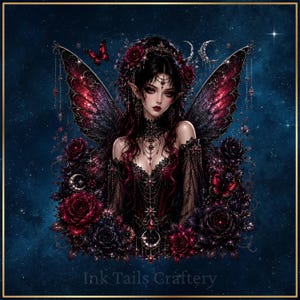 May include: A digital illustration of a fairy with dark hair, pointed ears, and large, intricate wings in shades of deep red and black. The figure wears a dark, ornate lace bodice adorned with jewels and crescent moon motifs, surrounded by dark red roses.