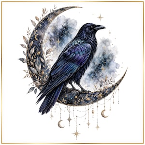 Gothic Raven Clipart Bundle - Moon and Celestial Bird Designs, Crow Artwork (Digital Download)