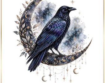 Gothic Raven Clipart Bundle - Moon and Celestial Bird Designs, Crow Artwork (Digital Download)