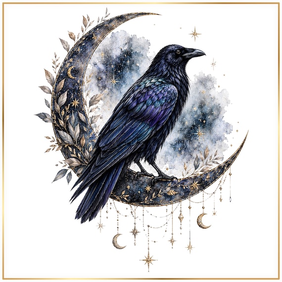 Gothic Raven Clipart Bundle - Moon and Celestial Bird Designs, Crow Artwork (Digital Download)