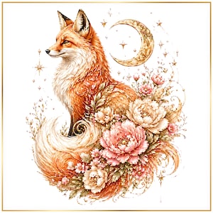 Mystical Fox PNG Bundle, Moonlit Floral Fox Clipart, Celestial Woodland Animal Art, Boho Nature Sublimation Design image 1