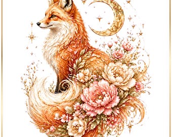 Mystical Fox PNG Bundle, Moonlit Floral Fox Clipart, Celestial Woodland Animal Art, Boho Nature Sublimation Design
