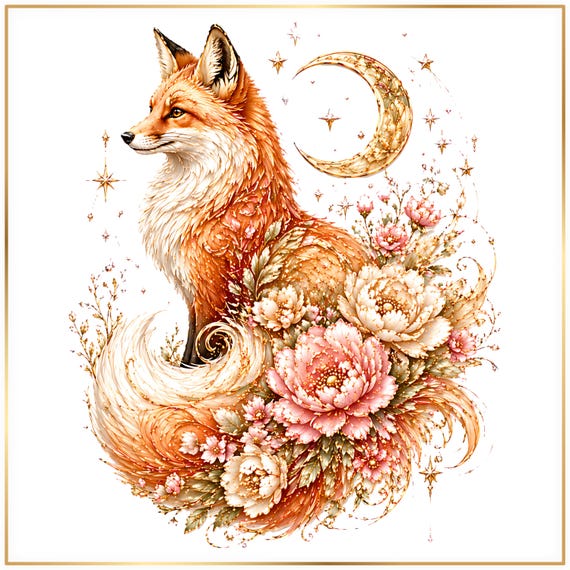 Mystical Fox PNG Bundle, Moonlit Floral Fox Clipart, Celestial Woodland Animal Art, Boho Nature Sublimation Design
