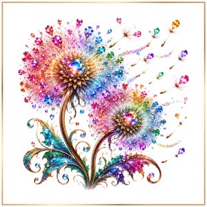 Puede incluir: Dos flores de diente de león adornadas con acentos de piedras preciosas de colores vibrantes en tonos rosa, azul, verde y dorado. Los pétalos y semillas son cristales brillantes, con algunas semillas flotando en el aire sobre un fondo blanco.