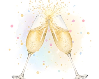 Champagne Glass Clipart PNG – Toasting Glasses, Bubbly Celebration Art, Sparking Wine Digital Download