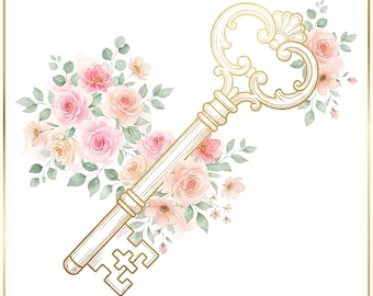 Paquete PNG de inauguración de casa, clipart floral dorado de casa, arte de llave vintage, diseño de regalo de cierre de casa nueva, marketing inmobiliario PNG