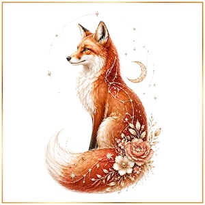 May include: A digital illustration of a sitting fox with reddish-orange fur, white chest fur, and a bushy tail. The fox is adorned with gold-colored celestial constellations, small stars, a crescent moon, and delicate floral accents in shades of pink.