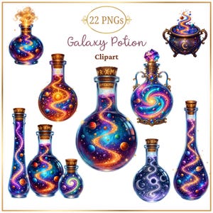 Peut inclure: Une collection d'illustrations numériques comprenant 22 PNG de Galaxy Potion Clipart. L'ensemble inclut divers flacons en verre et un chaudron remplis de liquides cosmiques tourbillonnants, de nébuleuses, de planètes et d'étoiles bleu et violet.