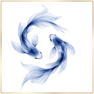 May include: A digital illustration of two koi fish in a circular formation, rendered in shades of deep indigo and light blue watercolor textures. The fish have flowing, translucent fins and tails, creating a fluid, symmetrical composition.