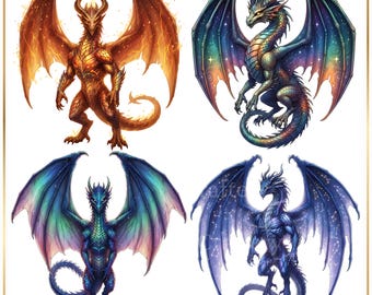 Fantasy Dragon PNG Set, Celestial Dragon Clipart, Fire Ice Galaxy Dragons, Mythical Creature PNG, DnD Art, High Detail Printable Dragon PNGs